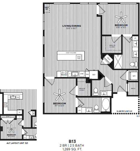 A black and white image of a floor plan for a 2 bedroom, 1.289 sq ft apartment.